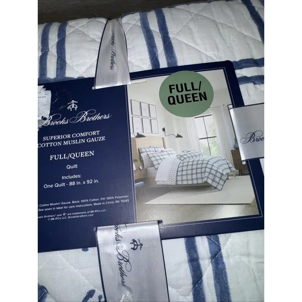 ✨New Brooks Brothers Blue White Anchor Full/queen Quilt Set Muslin Gauze